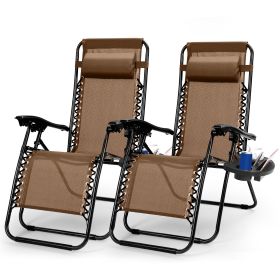 2Packs Zero Gravity Lounge Chair With Dual Side Tray Stress Relief Pillow 330lbs Max Load Per Chair Foldable For Patio Poolside Beach (Color: Brown)